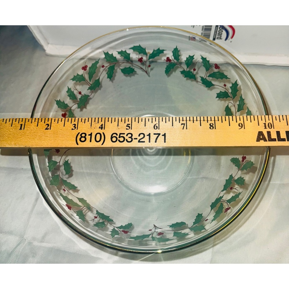 Lenox Set ARC France Christmas Holly Berry Glass Serving Bowl 22KT Gold Trim 9" - Picture 5 of 9